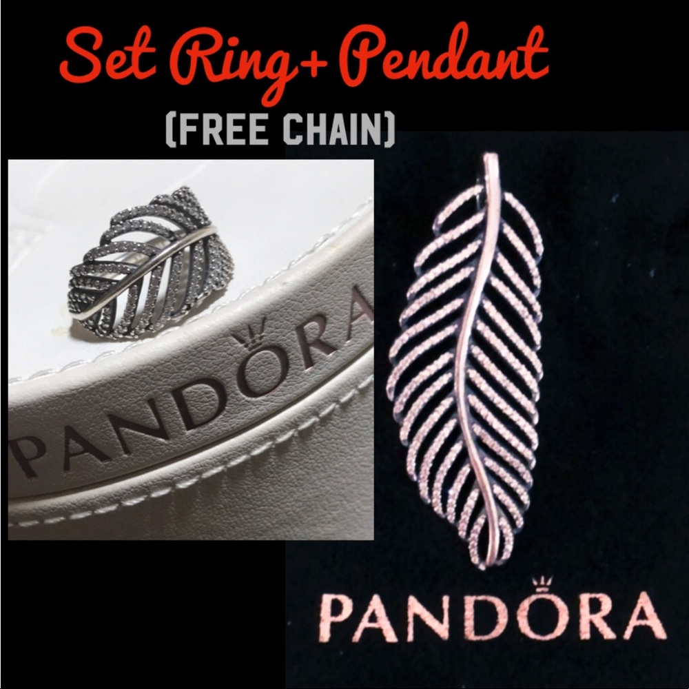 PANDORA SET 2pc Feather Ring+Pendant ~